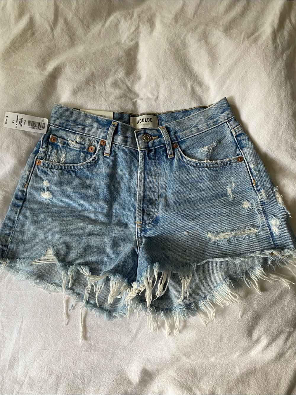 Agolde Light Wash Frayed Hem Denim Shorts